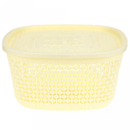 Домашняя мода Корзина-ящик пластмассовая Оренбургская сеточка 19,5х19,5см h10см, крышка с декором, с ручками, ванильный (Китай) фото 2