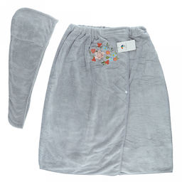 Полотенце (парео) махровое "Свежий букет" 70х175см, хлопок 100%, на резинке с липучкой, на кнопке, с вышивкой; с чалмой на пуговице 68х25см, серый (Китай)