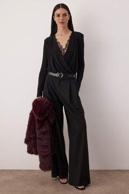 Siyah Dokumlu Dantel Detayl? Kruvaze Sandy C?tc?tl? Body TPRAW26BD00029