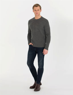 Gri Melanj Slim Fit Bisiklet Yaka Triko Kazak