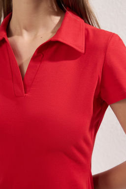 TRENDYOLMILLA Lacivert Polo Yaka Skater/Belden Ac?lan Pamuklu Esnek Orme Midi Elbise TWOSS24EL00480 фото 3