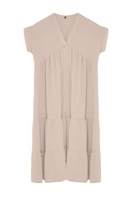 Tas Duz Genis Kesim V Yaka Etegi Volanl? Aerobin Dokuma ElbiseTWOSS24EL01031