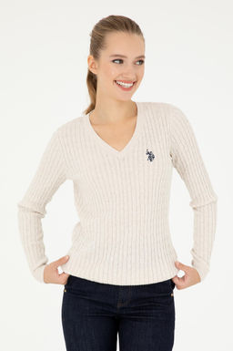Женский кремовый меланжевый базовый свитер с v-образным вырезом Неожиданная скидка в корзине