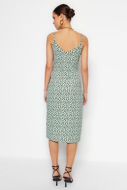 Mint Puantiye Bask?l? Burumcuk Belden Ac?lan/Skater Ask?l? Midi Orme Elbise TWOSS23EL01454