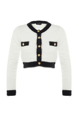 Ekru Crop Sakal/Tuylu Iplikli Ceket Gorunumlu Triko H?rka TWOAW23HI00549