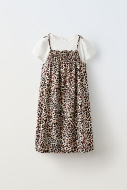 KONTRAST T-SHIRT DETAYLI LEOPAR DESENLI ELBISE