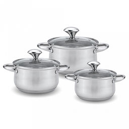 Набор посуды из нержавеющей стали "Kelli" 3 предмета: кастрюля 2,1л - д16см, 3л - д18см, 4л - 20см, зеркальная поверхность, стеклянная крышка, пароотвод, клепаные ручки, 5-ти слойное капсульное дно, цветная коробка (Китай) Подходит для всех видов пли