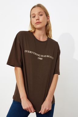 TRENDYOLMILLA Kahverengi %100 Pamuk Slogan Bask?l? Relaxed/Genis Rahat Kesim Orme T-Shirt TWOSS19GH0034  фото 11