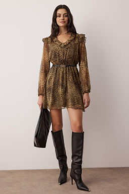 Kahverengi Kemerli Animal Kemerli K?sa / Mini Dokuma Elbise TWOAW26EL00359