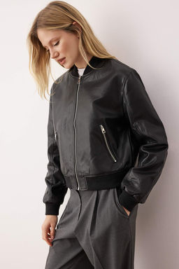 Siyah Regular Kal?p Suni Deri Bomber Ince Ceket Mont TWOAW26MO00084 - Trendyolmilla фото 12