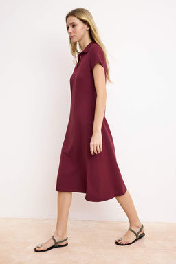 Bordo Polo Yaka Skater/Belden Ac?lan Pamuklu Esnek Orme Midi Elbise TWOSS24EL00480