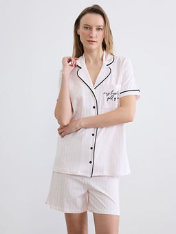 G?mlek Yaka ?izgili Kad?n ?ortlu Pijama Tak?m?