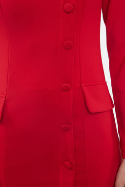 K?rm?z? Cep Detayl? Dugmeli V Yaka Dokuma Ceket Elbise TWOAW24EL00629 - Trendyolmilla фото 4