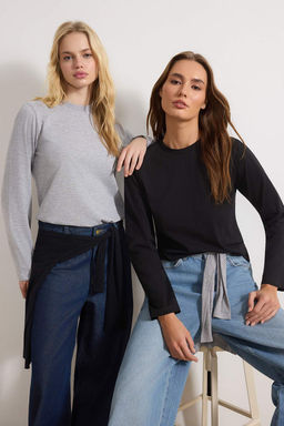 Siyah-Gri 2li Paket %100 Pamuk Bisiklet Yaka Regular/Normal Kesim Orme T-Shirt TWOAW25TS00001