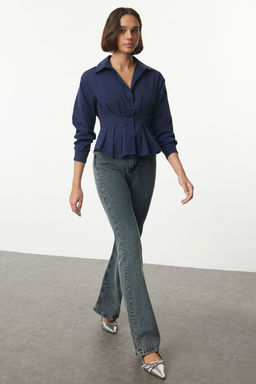 TRENDYOLMILLA Ekru Fitted Bele Oturan Pamuklu Dokuma Gomlek TWOAW24GO00186  фото 7