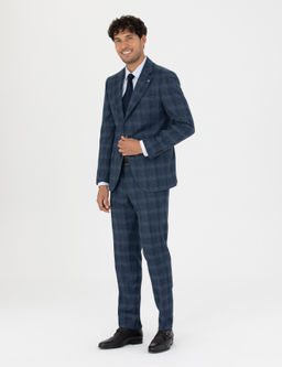 %100 Y_n Ekose Lacivert Ekstra Slim Fit Tak_m Elbise