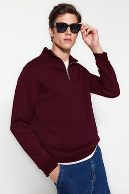 Bordo Regular/Normal Kesim Dik Yaka Fermuarl? Ici Polar/S?cak Tutan Basic Sweatshirt TMNAW24SW00041