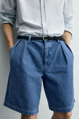 BERMUDA DENIM RELAXED FIT PLIEGUES / Azul