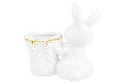 Вазочка п/зубочистки 8*4*8,5 см "Кролик с капустой" белая с золотом