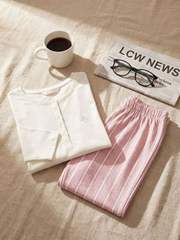 Bisiklet Yaka ?izgili Kad?n Pijama Tak?m