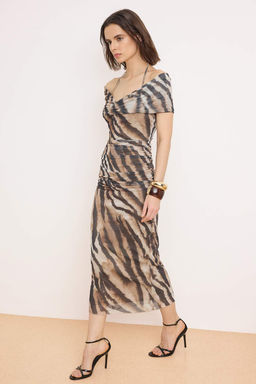 Renkli Zebra Desenli Duz Buzgu / Drape Orme Tul Midi Astarl? Party Elbise