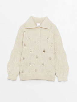 G?mlek Yaka Kendinden Desenli Uzun Kollu K?z Bebek Triko Kazak