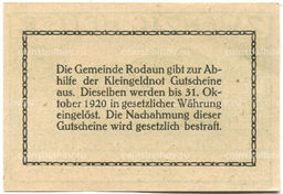 Банкнота 20 геллеров 1920 года Австрия  Родаун (нотгельд)