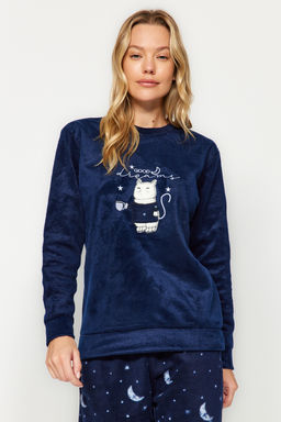 Lacivert Kedi Nak?sl? Kadife K?sl?k Orme Pijama Tak?m? THMAW24PT00169 - Trendyolmilla фото 3