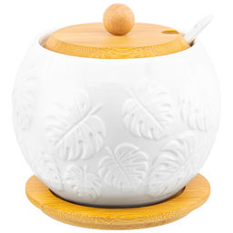 Сахарница 620 мл 12*12*12 см "Тропики" с ложкой и дерев. крышкой на дерев. подставке