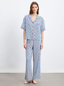 G?mlek Yaka Desenli Kad?n Pijama Tak?m?