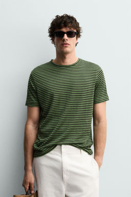 CAMISETA REGULAR FIT RAYAS MEZCLA LINO / Marr?n / Verde