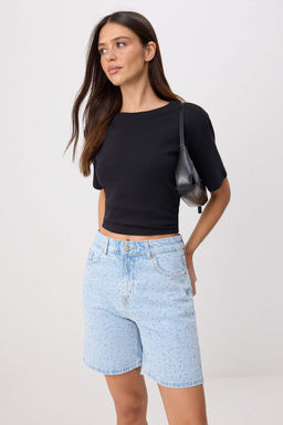 Mavi Ta_ Detayl_ Y_ksek Bel Denim Bermuda TWOSS26SR00242