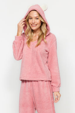 Pembe Wellsoft Kapuson Kulak Detayl? K?sl?k Orme Pijama Tak?m? THMAW24PT00030