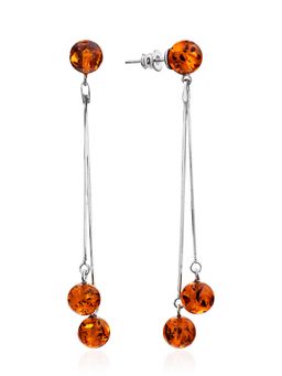 Удлинённые серьги-гвоздики из серебра и коньячного янтаря Рябина