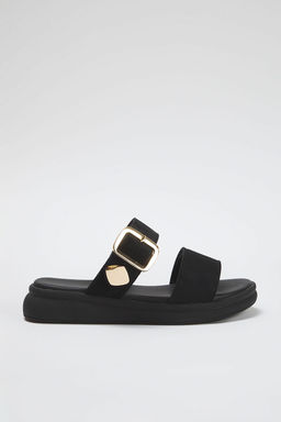 Trendyol Shoes Siyah Suet Gold Tokal? Duz Kad?n Terlik TAKSS25TE00006