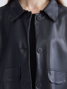 G?mlek Yaka Kad?n Deri G?r?n?ml? Ceket