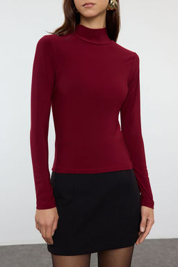 Bordo Fitted/Vucuda Oturan Uzun Kollu Dik Yaka Fitilli Esnek Orme Bluz TWOAW25BZ00078