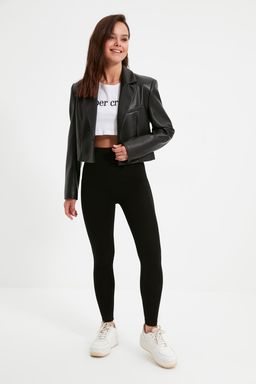 Siyah Yuksek Bel Basic Beli Lastikli Interlok Orme Tayt TWOAW20TA0047 - Trendyolmilla фото 4