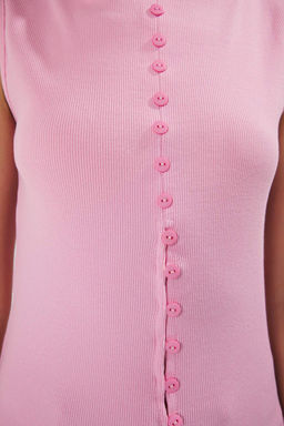 Pembe Dugmeli Fitted/Vucuda Oturan Fitilli Esnek Orme Bluz TWOSS24BZ00306