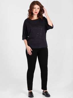 Блузка темно-синяя женская с пропиткой и стразами теплая - Almond фото 2