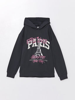 Kap??onlu Bask?l? Uzun Kollu K?z ?ocuk Sweatshirt
