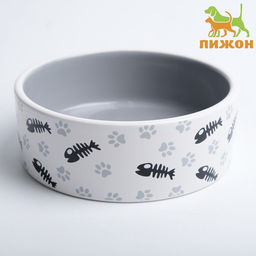 Миска для кошек керамическая Пижон Рыбные косточки и лапки 300 мл, 12.54.5 см, серая  фото 3