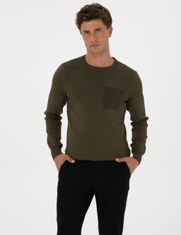 Koyu Haki Regular Fit Bisiklet Yaka Triko Kazak