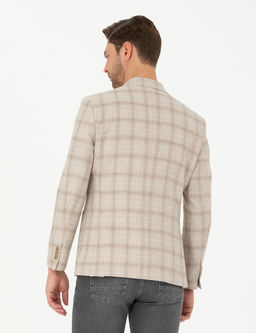 Bej Slim Fit Keten Kar___ml_ Ekose Ceket