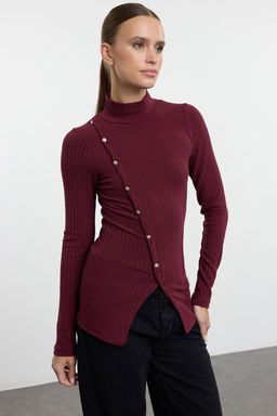 Bordo Fitted/Vucuda Oturan Dugme Detayl? Fitilli Esnek Orme Bluz TWOAW25BZ00224
