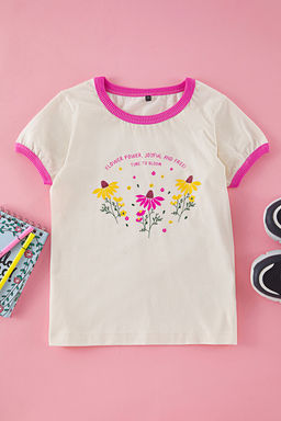 Ekru K?z Cocuk %100 Pamuk Cicekli Regular Kal?p Biye Detayl? K?sa Kol Orme T-Shirt TKDSS25TS00072