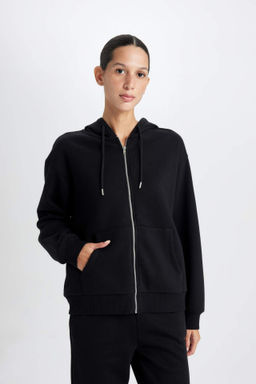 Relax Fit Kapusonlu Cepli Basic Duz Fermuarl? Sweatshirt - Defacto фото 4