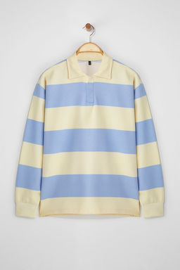 TRENDYOL MAN Mavi Unisex Oversize/Genis Kesim Cizgili Polo Yaka Sweatshirt TMNSS25SW00001 - Trendyolmilla фото 7
