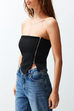 Trendyolmilla Siyah Fermuarl? Asimetrik Straplez Crop Orme Bluz TWOSS24BZ00071 фото 5