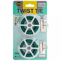 Шнур для подвязки растений, для скрепления проводов, завязывания пакетов и других мелких бытовых нужд 2х20м, на пластиковой катушке, с ножом, мягкая металлическая проволока, полиэтилен, на картоне, цвет зеленый (Китай)